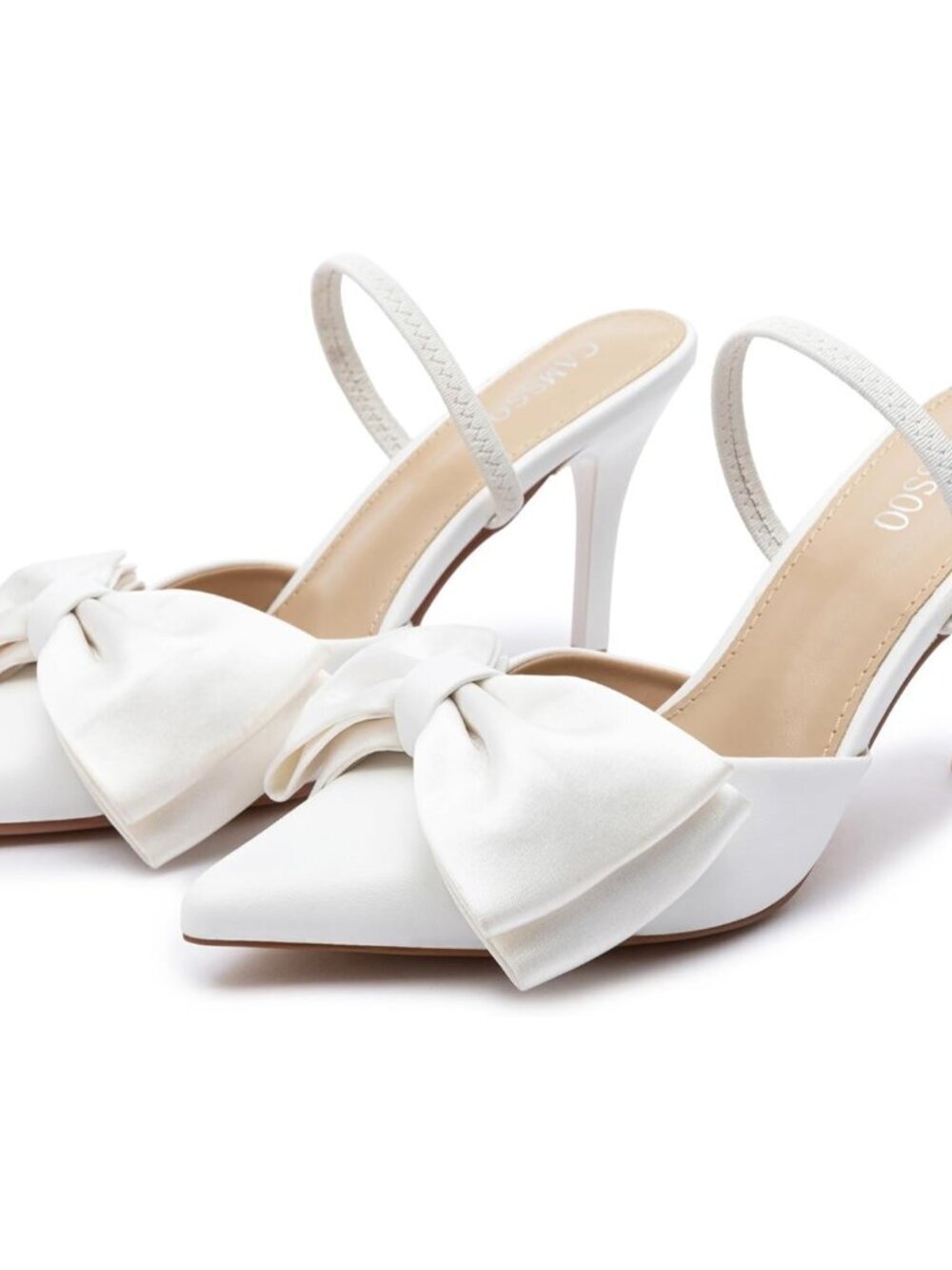 Women's White Pu Bow Heels Slingback Pumps Suede Closed Pointed Toe Shoes